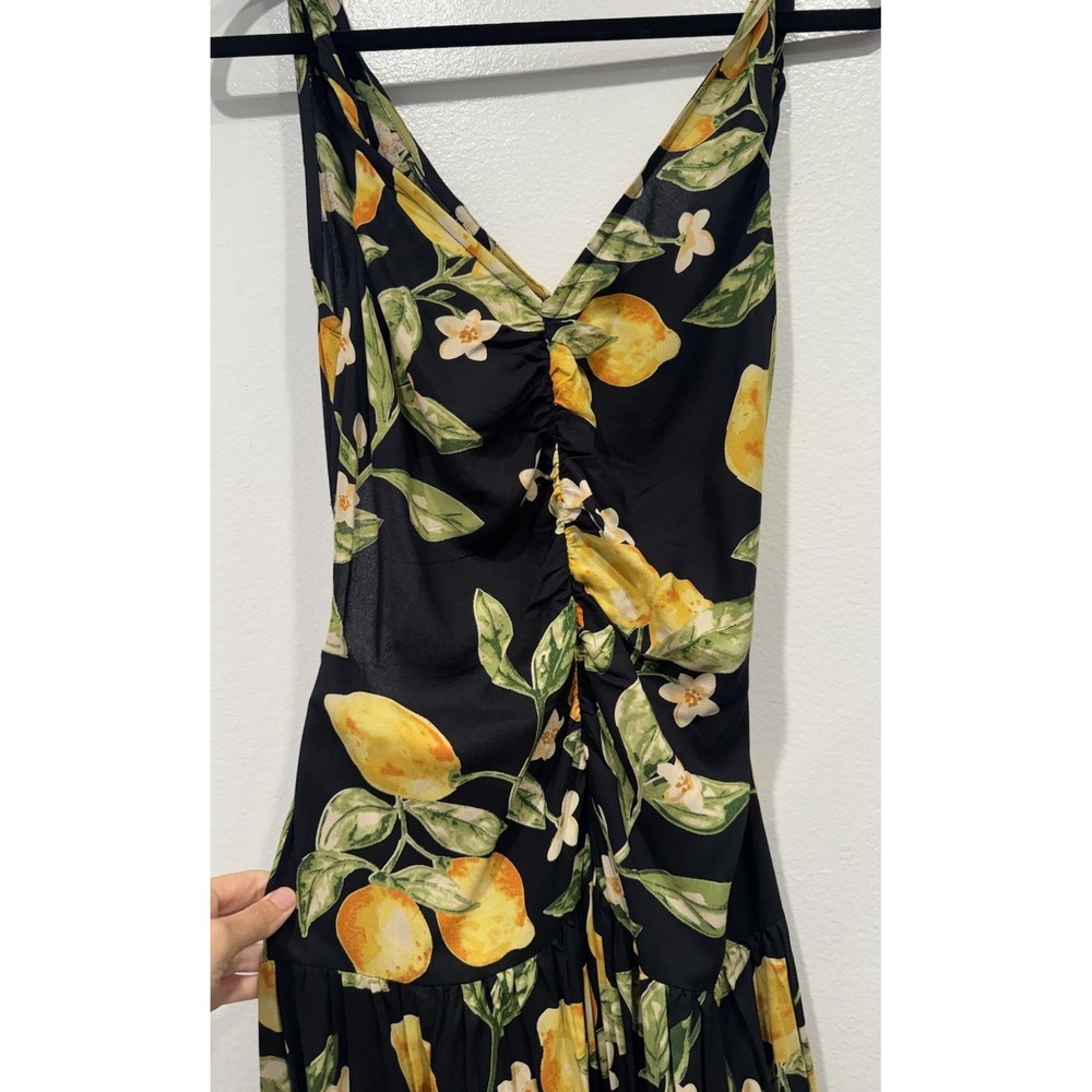ASOS Design Twist Strap Midi Lemon Print Dress Size 6 Open Back Ruched Bodice - Picture 5 of 14